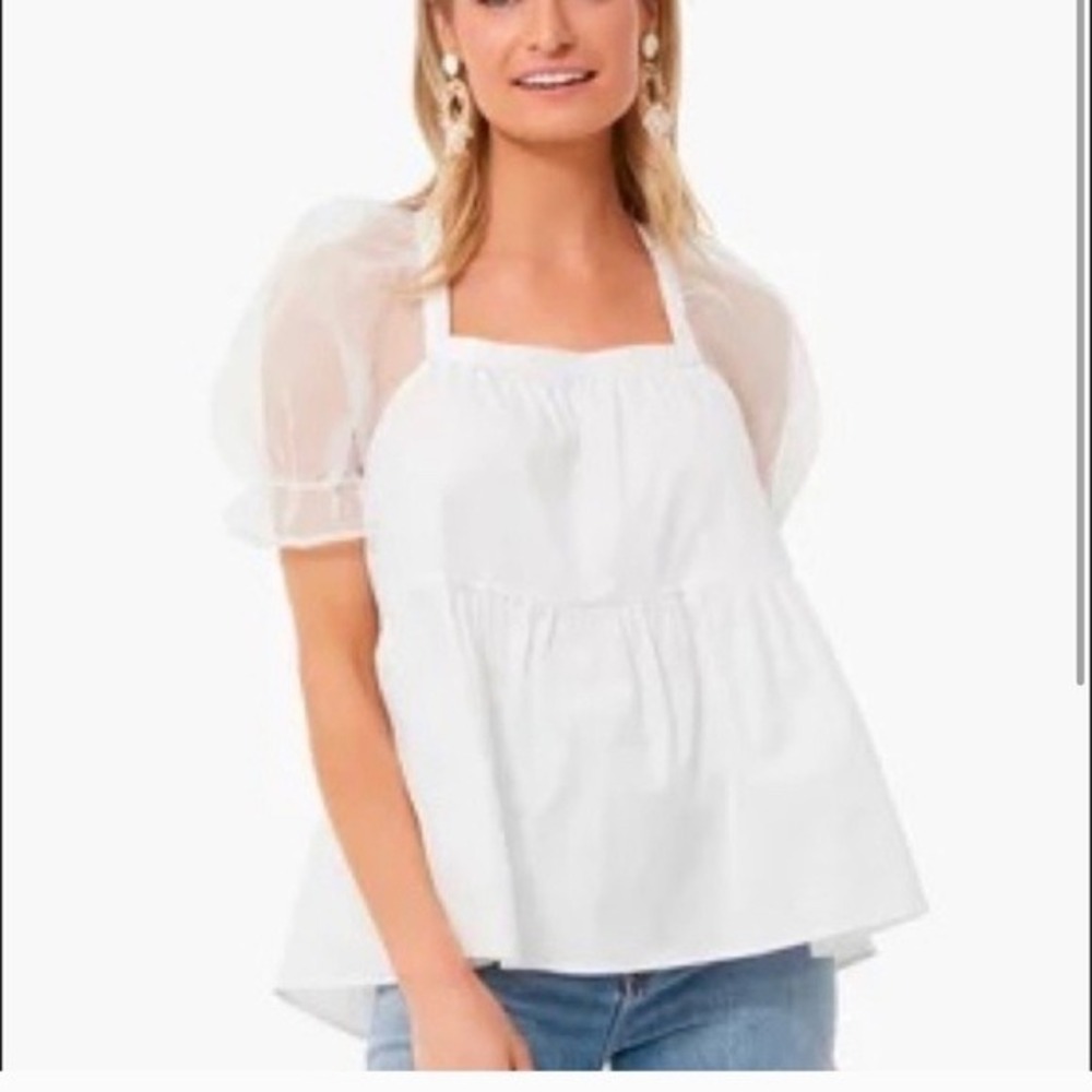 Tuckernuck Pomander Place Top Women Small Tinsley White Blouse Sheer Puff Sleeve